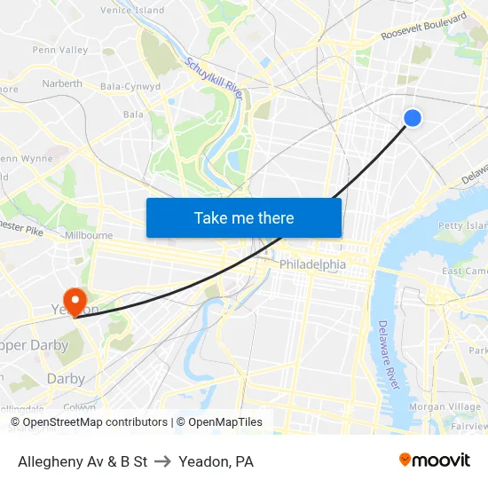 Allegheny Av & B St to Yeadon, PA map