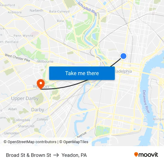 Broad St & Brown St to Yeadon, PA map