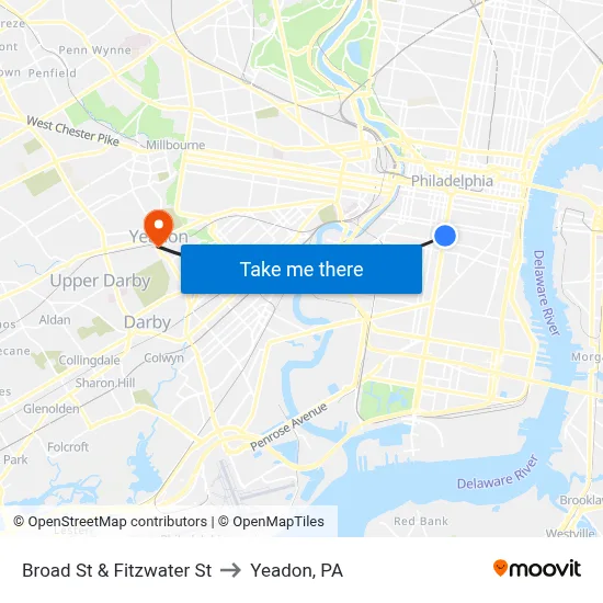 Broad St & Fitzwater St to Yeadon, PA map