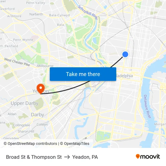 Broad St & Thompson St to Yeadon, PA map