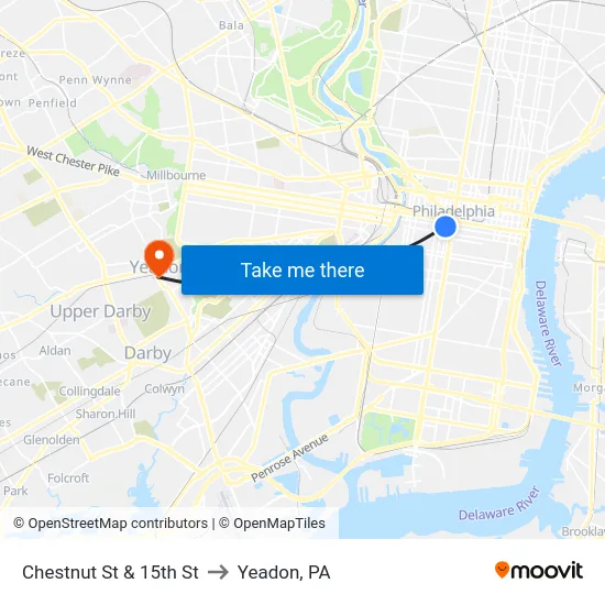 Chestnut St & 15th St to Yeadon, PA map