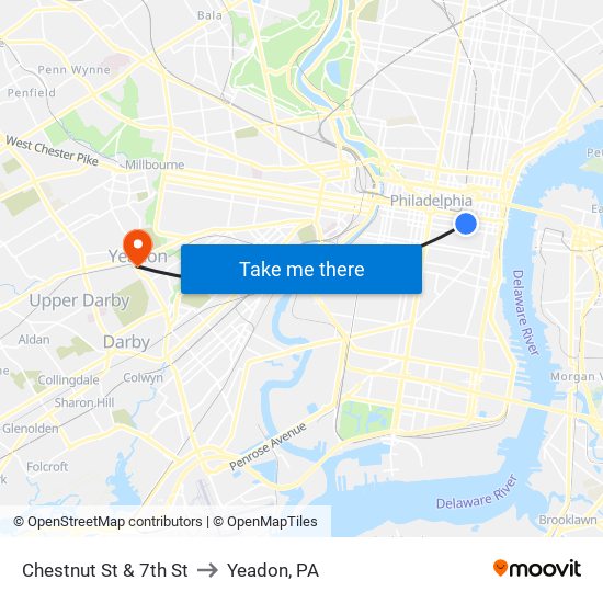 Chestnut St & 7th St to Yeadon, PA map