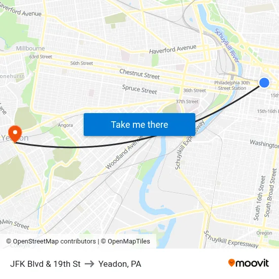 JFK Blvd & 19th St to Yeadon, PA map
