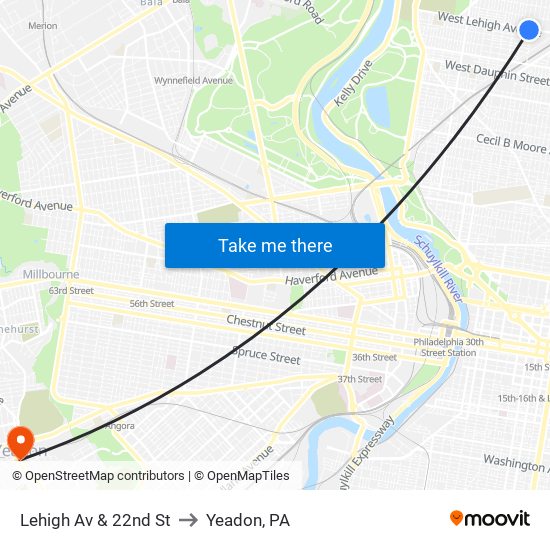 Lehigh Av & 22nd St to Yeadon, PA map