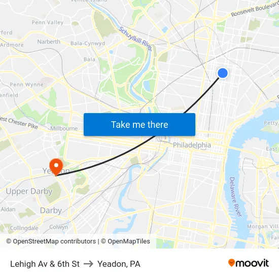 Lehigh Av & 6th St to Yeadon, PA map