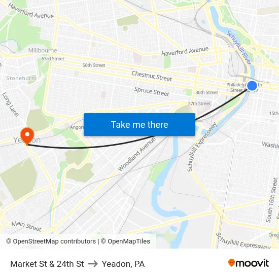 Market St & 24th St to Yeadon, PA map
