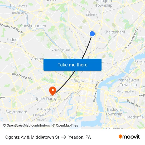 Ogontz Av & Middletown St to Yeadon, PA map