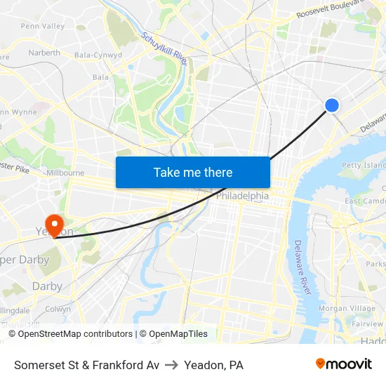 Somerset St & Frankford Av to Yeadon, PA map