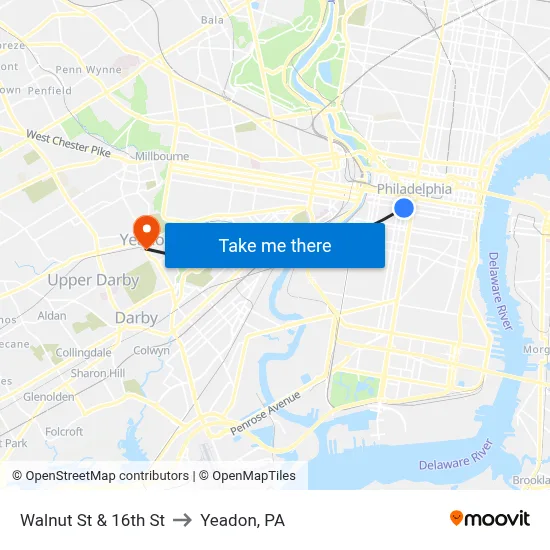 Walnut St & 16th St to Yeadon, PA map