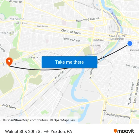 Walnut St & 20th St to Yeadon, PA map