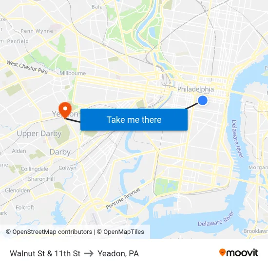 Walnut St & 11th St to Yeadon, PA map