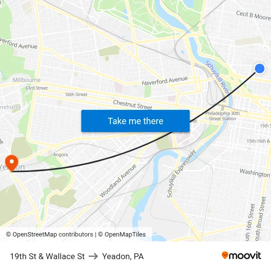 19th St & Wallace St to Yeadon, PA map