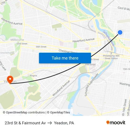 23rd St & Fairmount Av to Yeadon, PA map