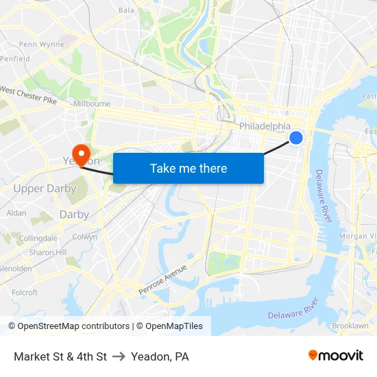 Market St & 4th St to Yeadon, PA map