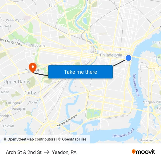 Arch St & 2nd St to Yeadon, PA map