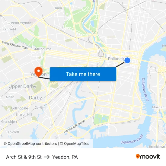 Arch St & 9th St to Yeadon, PA map