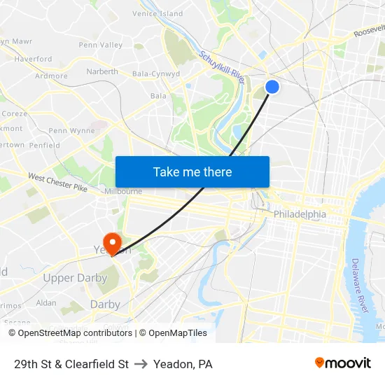 29th St & Clearfield St to Yeadon, PA map