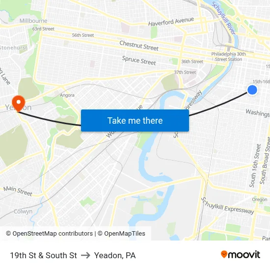 19th St & South St to Yeadon, PA map