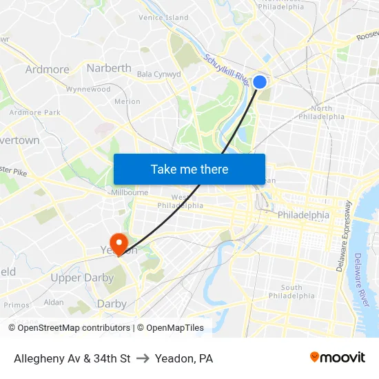 Allegheny Av & 34th St to Yeadon, PA map
