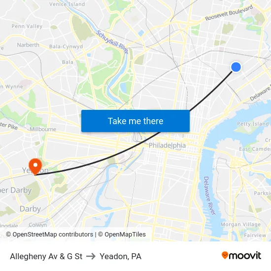 Allegheny Av & G St to Yeadon, PA map