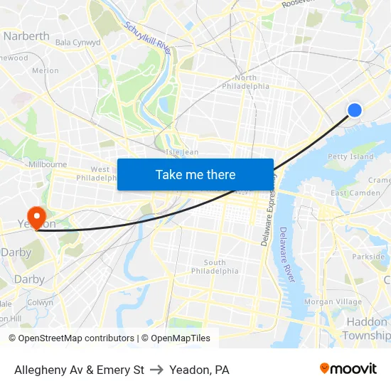 Allegheny Av & Emery St to Yeadon, PA map