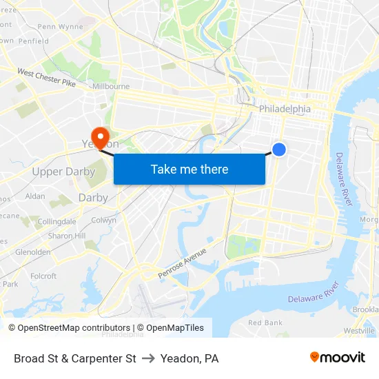 Broad St & Carpenter St to Yeadon, PA map