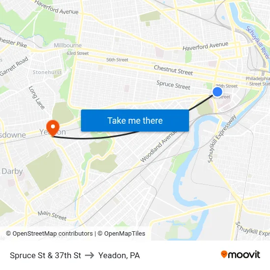 Spruce St & 37th St to Yeadon, PA map