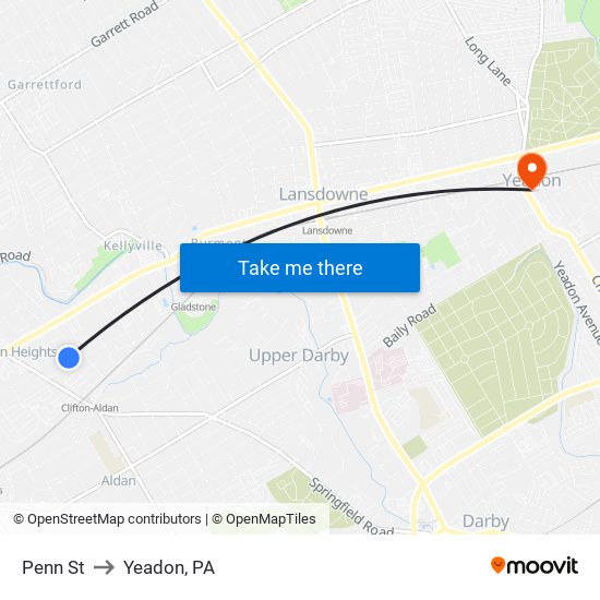 Penn St to Yeadon, PA map