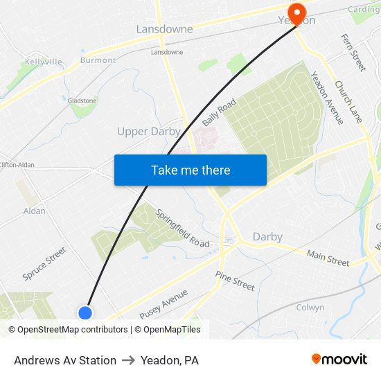 Andrews Av Station to Yeadon, PA map