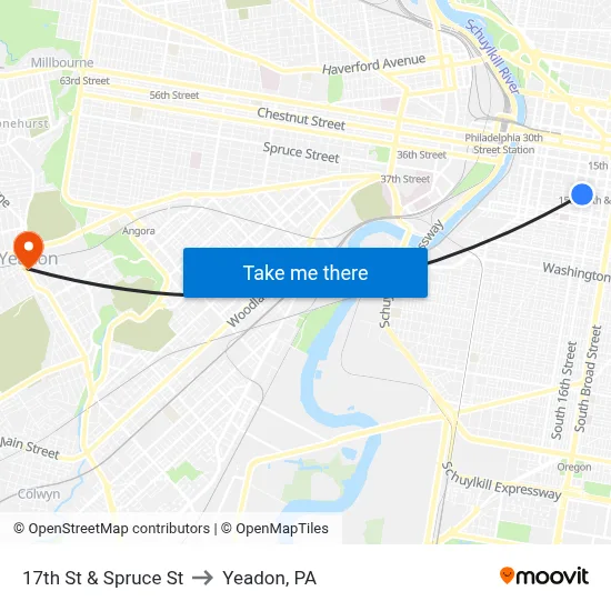 17th St & Spruce St to Yeadon, PA map