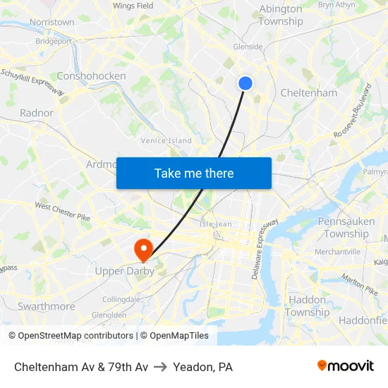 Cheltenham Av & 79th Av to Yeadon, PA map
