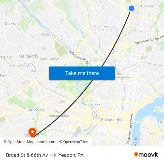 Broad St & 66th Av to Yeadon, PA map