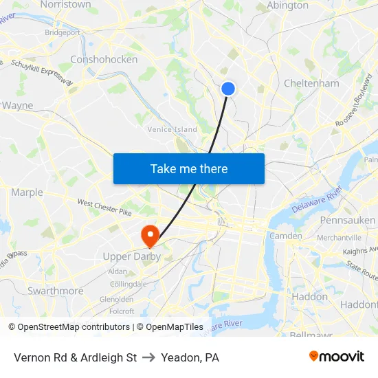 Vernon Rd & Ardleigh St to Yeadon, PA map