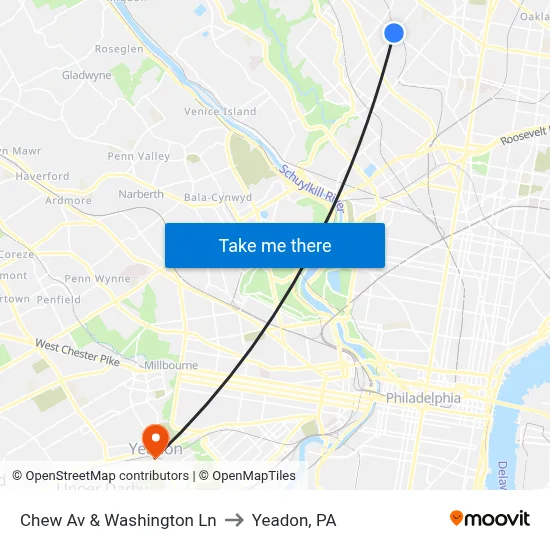 Chew Av & Washington Ln to Yeadon, PA map