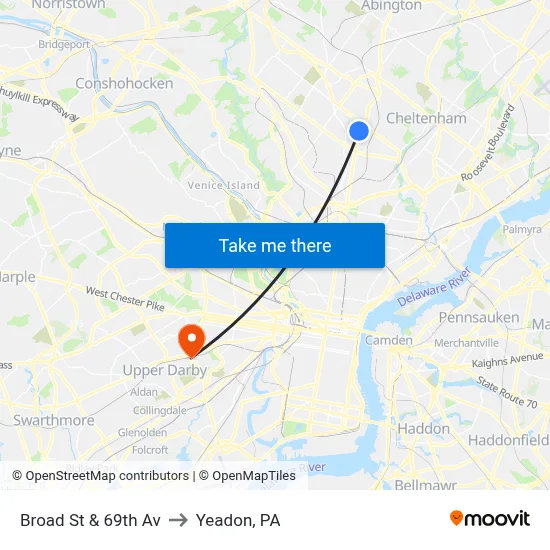 Broad St & 69th Av to Yeadon, PA map