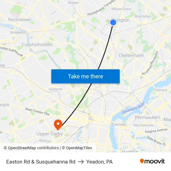 Easton Rd & Susquehanna Rd to Yeadon, PA map