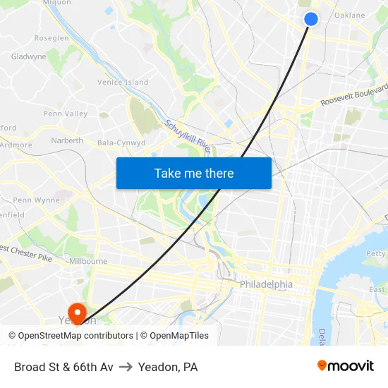 Broad St & 66th Av to Yeadon, PA map