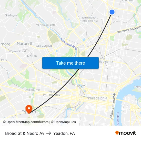 Broad St & Nedro Av to Yeadon, PA map