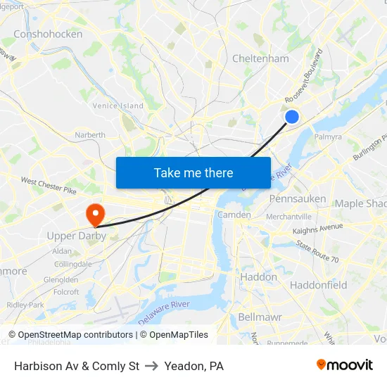 Harbison Av & Comly St to Yeadon, PA map