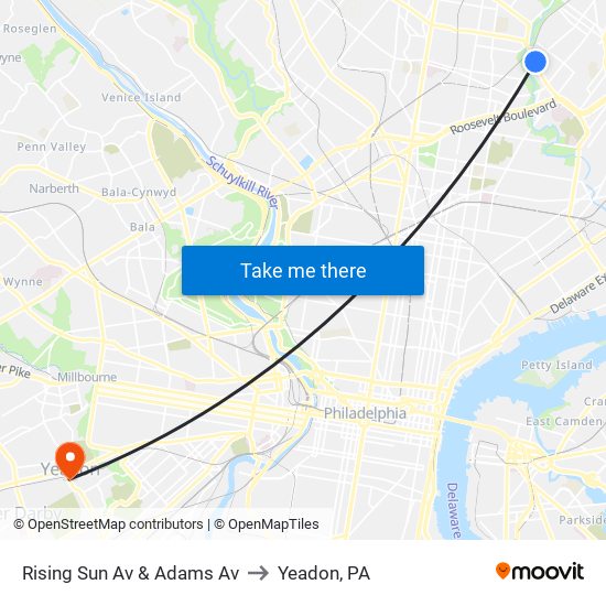 Rising Sun Av & Adams Av to Yeadon, PA map