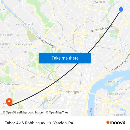 Tabor Av & Robbins Av to Yeadon, PA map