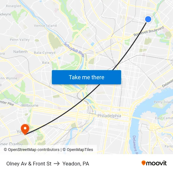 Olney Av & Front St to Yeadon, PA map