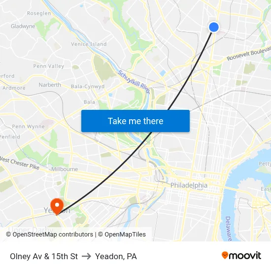 Olney Av & 15th St to Yeadon, PA map