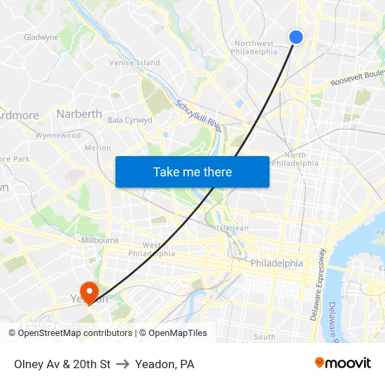 Olney Av & 20th St to Yeadon, PA map