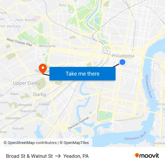Broad St & Walnut St to Yeadon, PA map