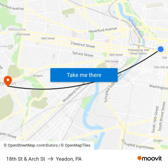 18th St & Arch St to Yeadon, PA map