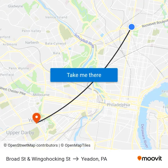 Broad St & Wingohocking St to Yeadon, PA map