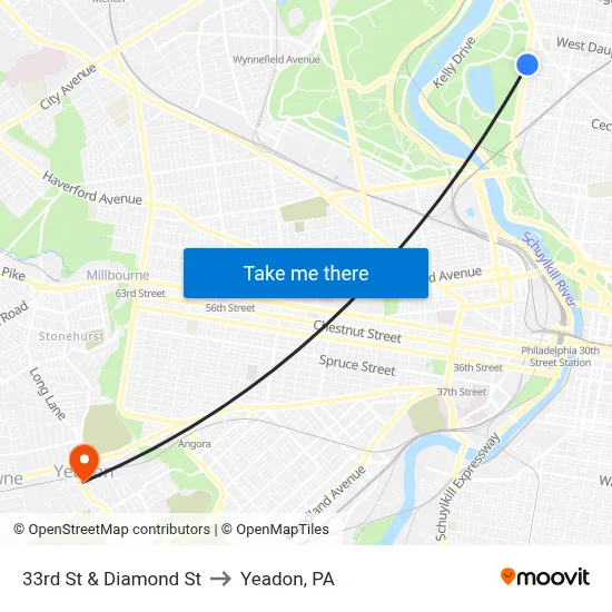 33rd St & Diamond St to Yeadon, PA map