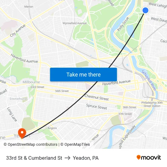 33rd St & Cumberland St to Yeadon, PA map
