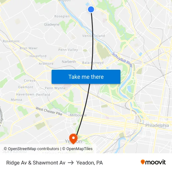 Ridge Av & Shawmont Av to Yeadon, PA map
